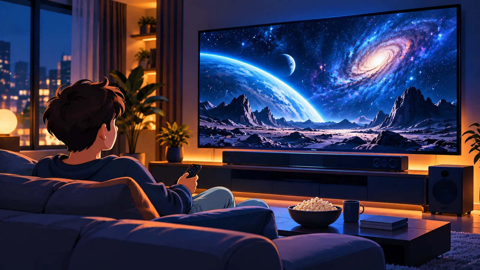 Heimkino mit 4K-Fernseher und Soundbar zeigt eine Weltraumszene