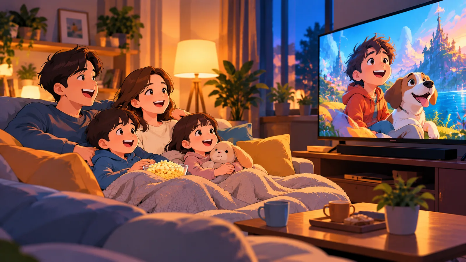 Familie mit zwei Kindern schaut gemeinsam einen Animationsfilm