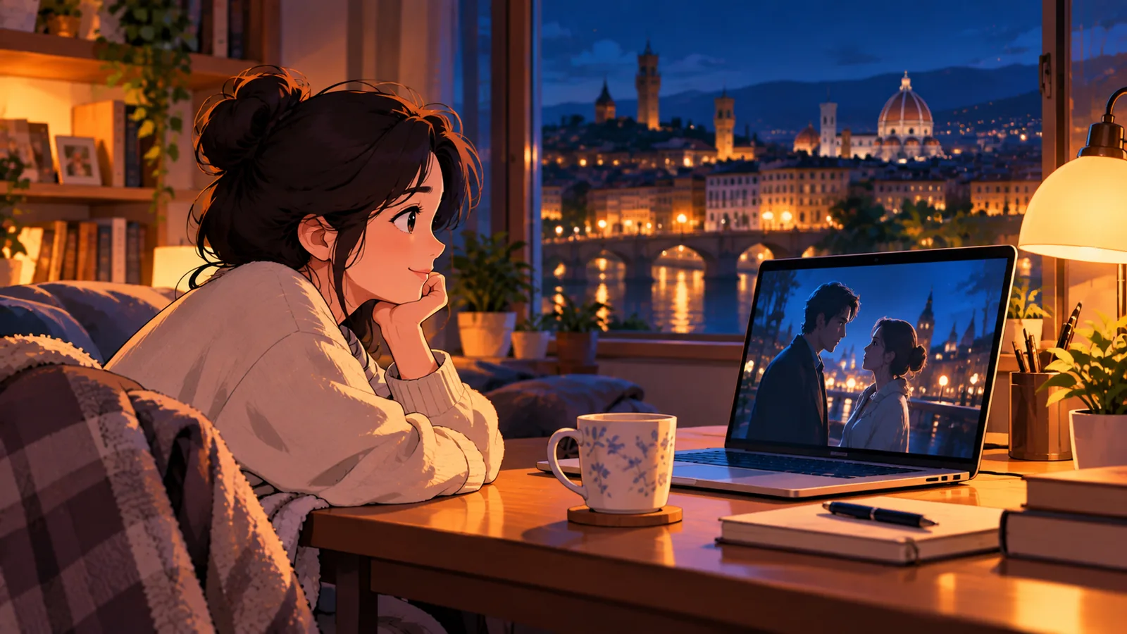 Person schaut abends in einer europäischen Stadt einen Film am Laptop