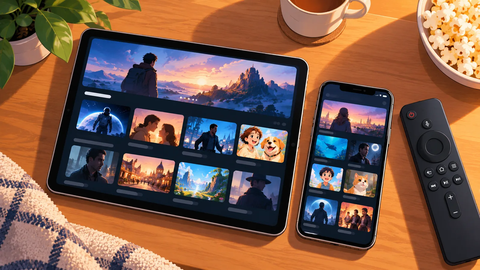 Tablet, Smartphone und Fernbedienung auf einem Holztisch mit Streaming-Oberflächen