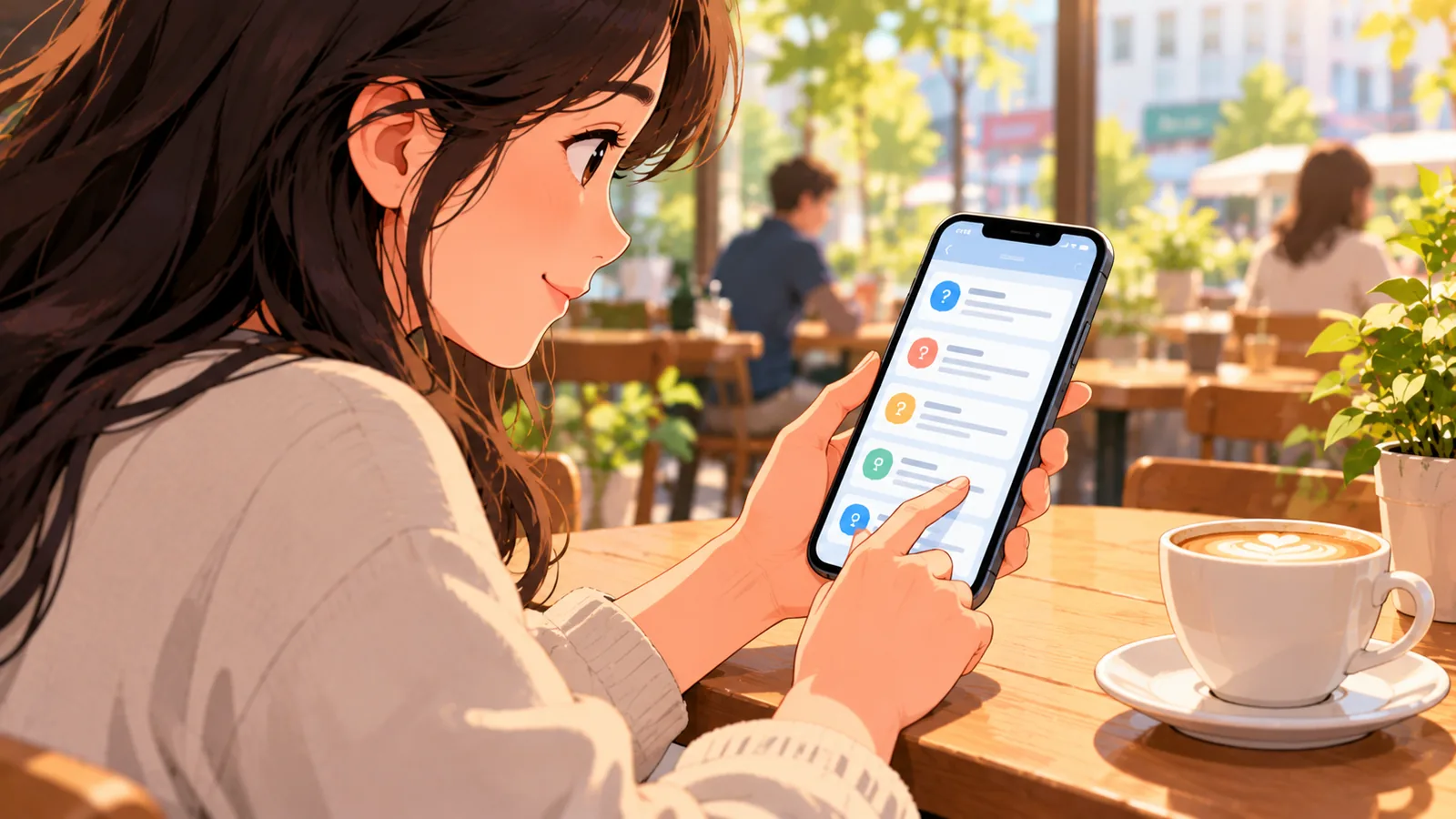 Person liest im Café Antworten auf dem Smartphone