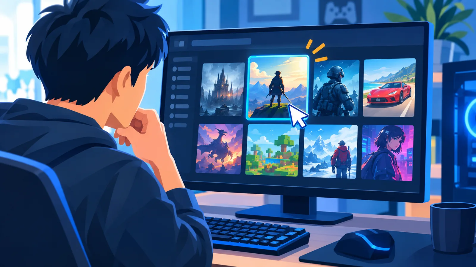 Steam-Bibliothek mit mehreren Spielen auf einem PC-Bildschirm