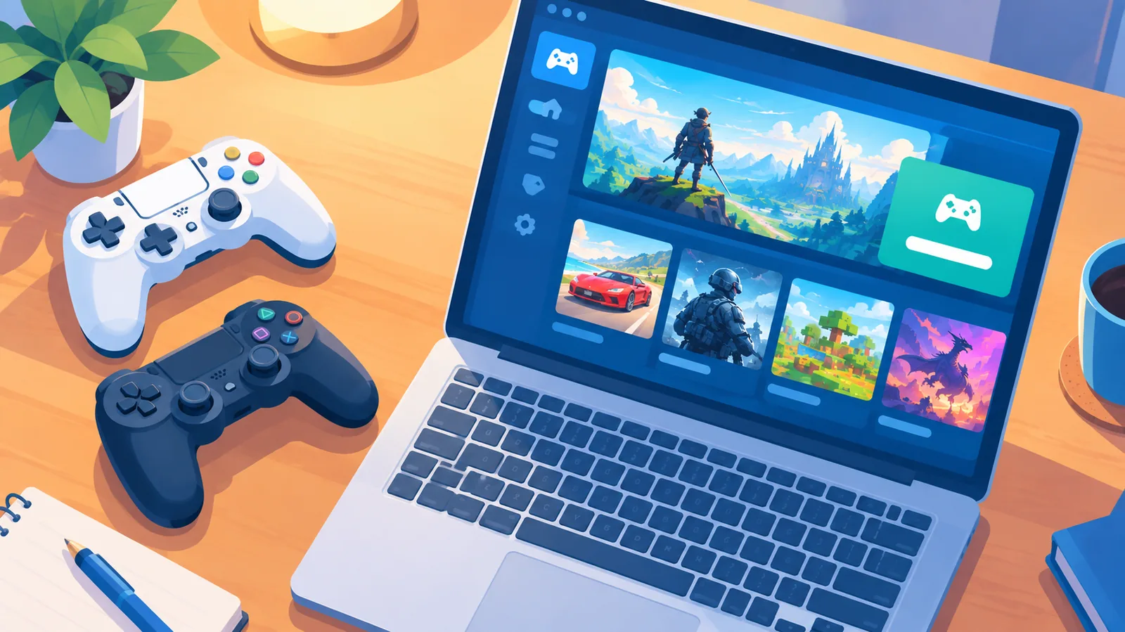 Zwei Controller neben einem Laptop mit Spieleshop