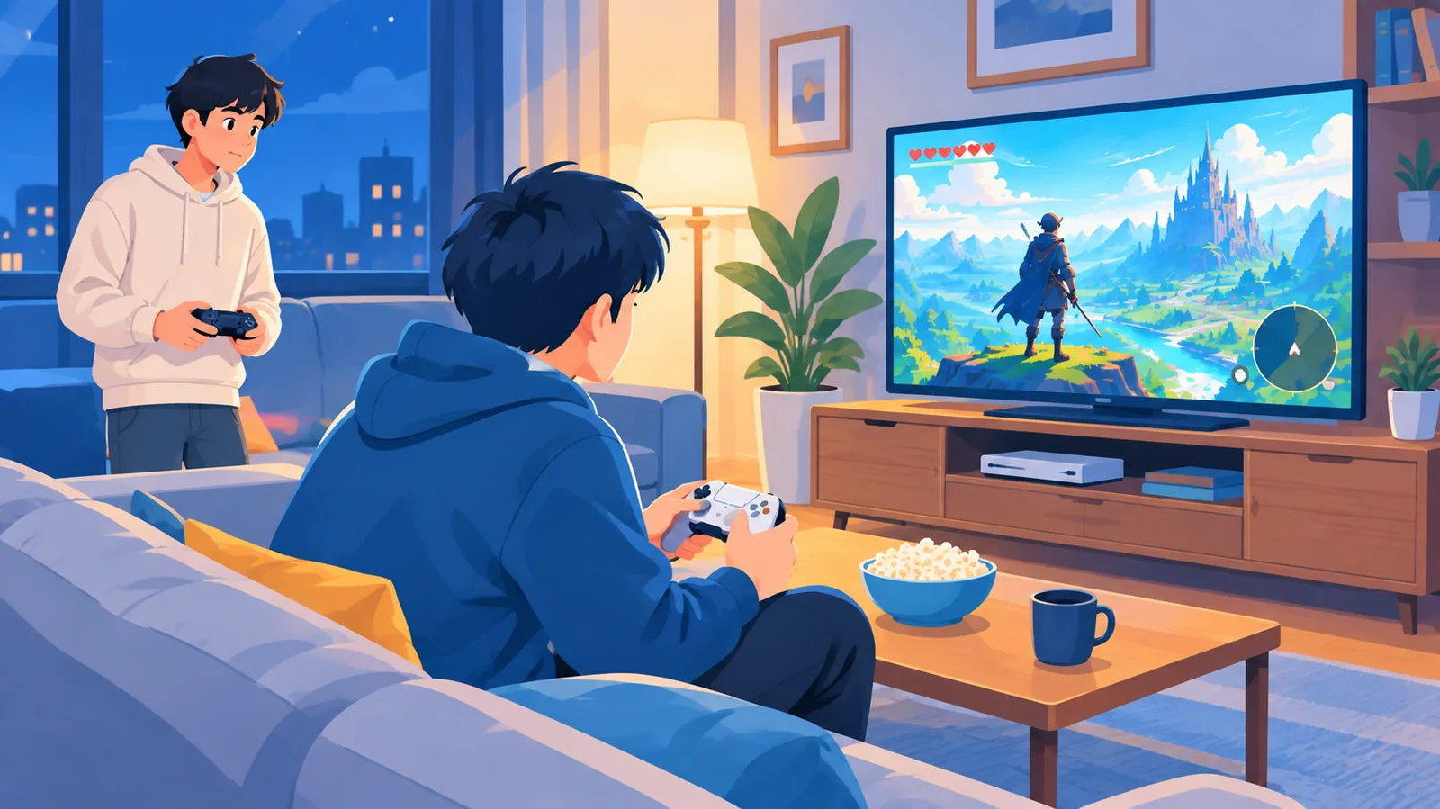 Eine Person spielt, während eine andere mit Controller wartet