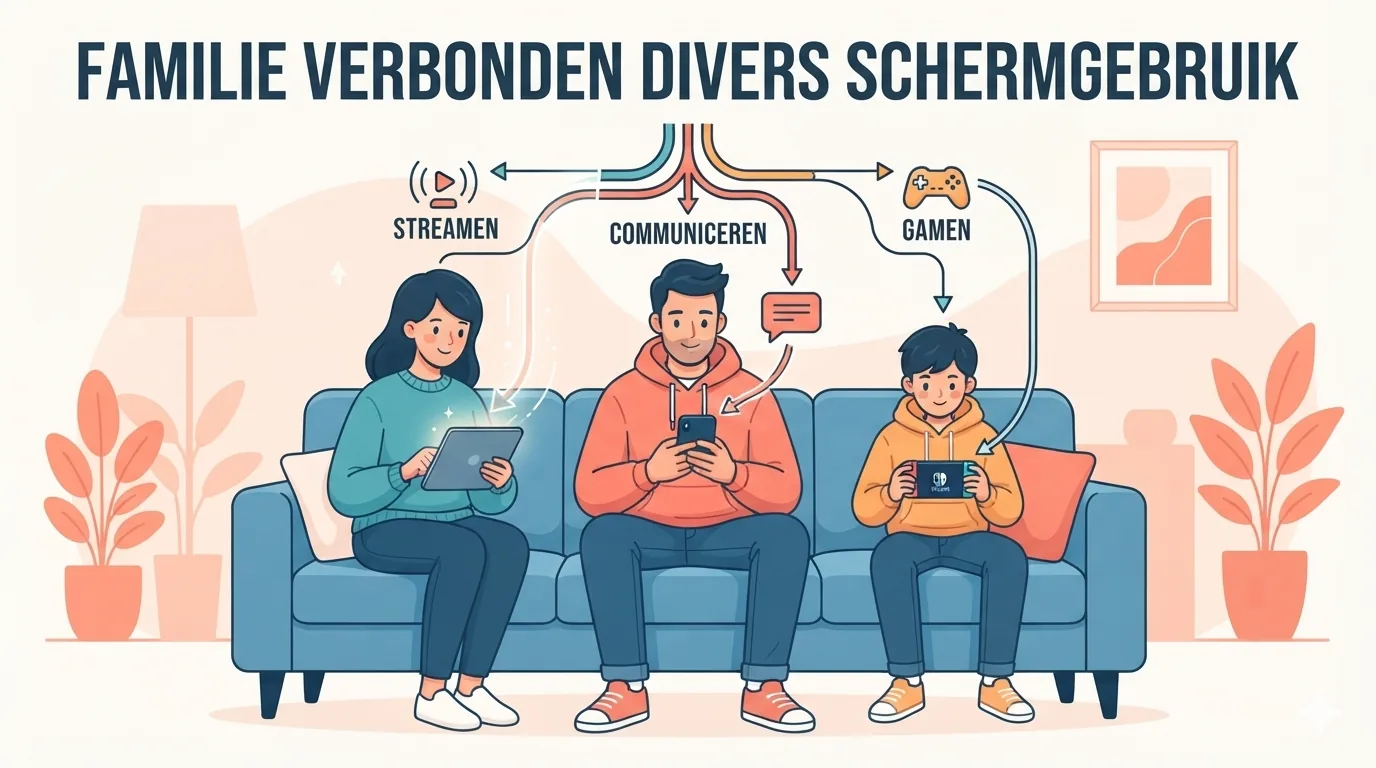 Familie sitzt gemeinsam mit verschiedenen Geräten auf dem Sofa