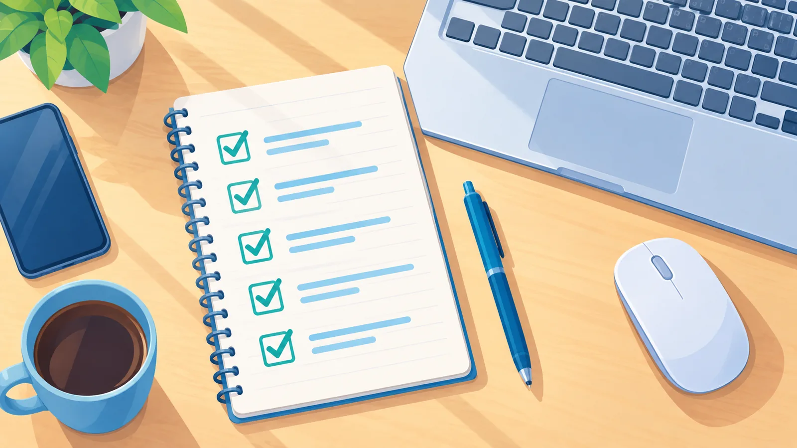 Handgeschriebene Checkliste neben Tastatur und Maus