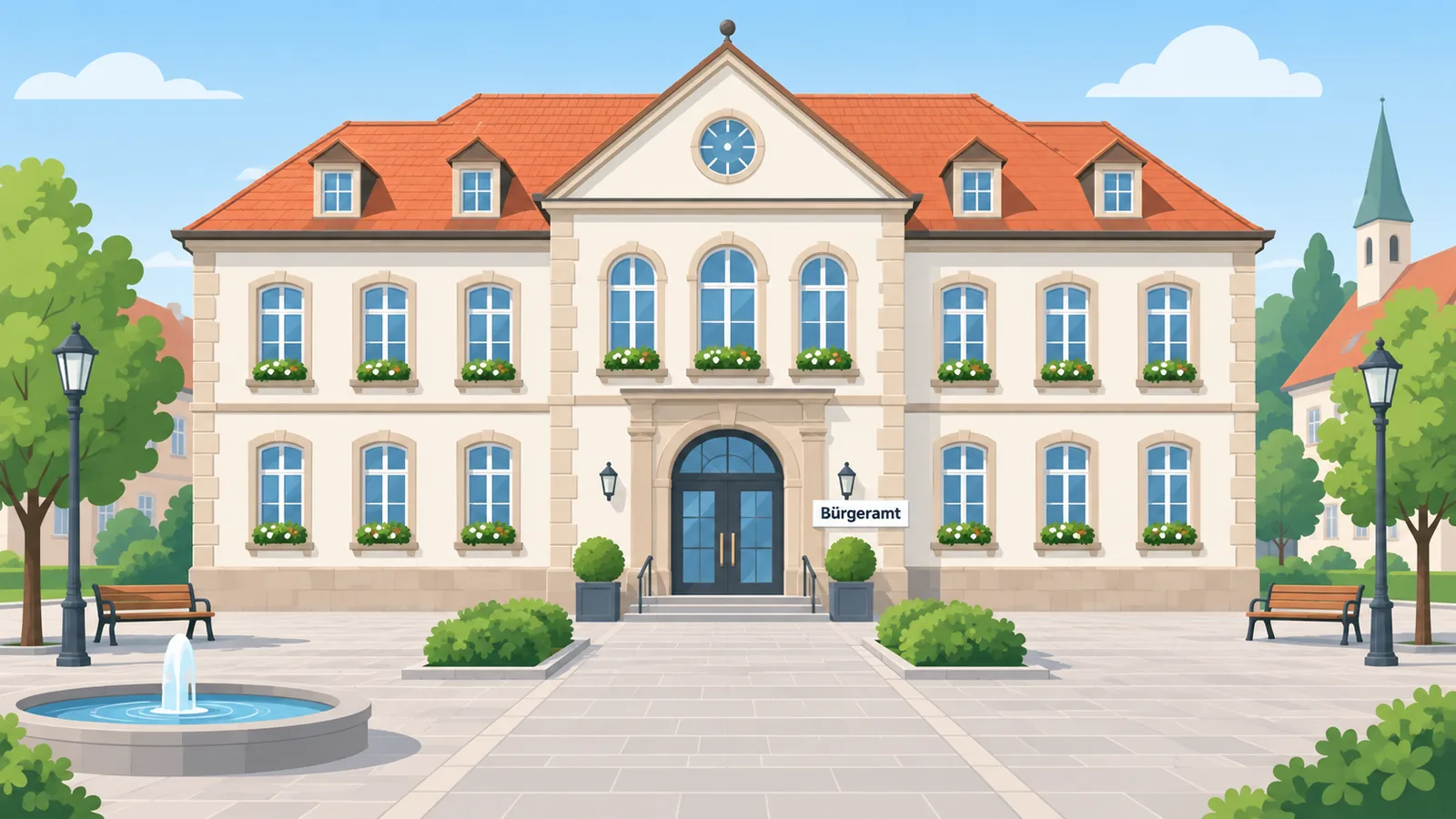 Außenansicht eines Rathauses mit Bürgeramt-Schild