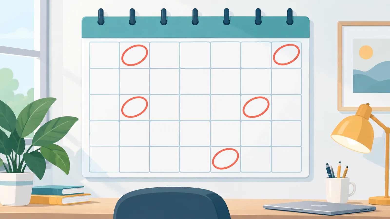 Wandkalender mit rot markierten Fristterminen