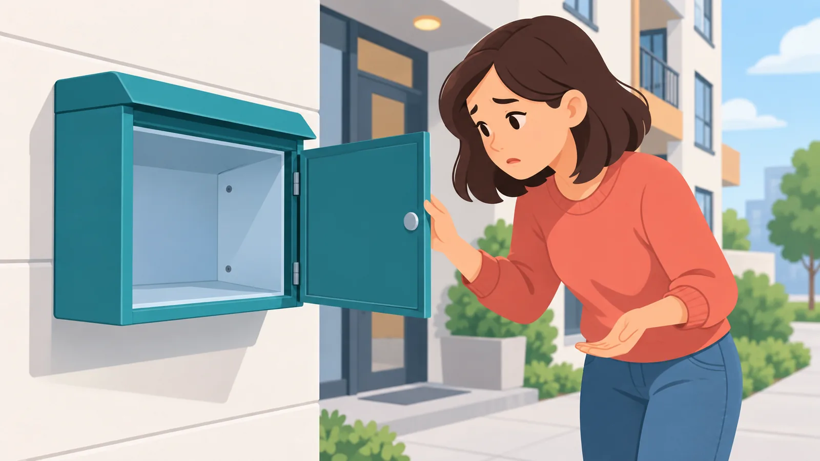 Person überprüft einen leeren Briefkasten vor einem Wohnhaus