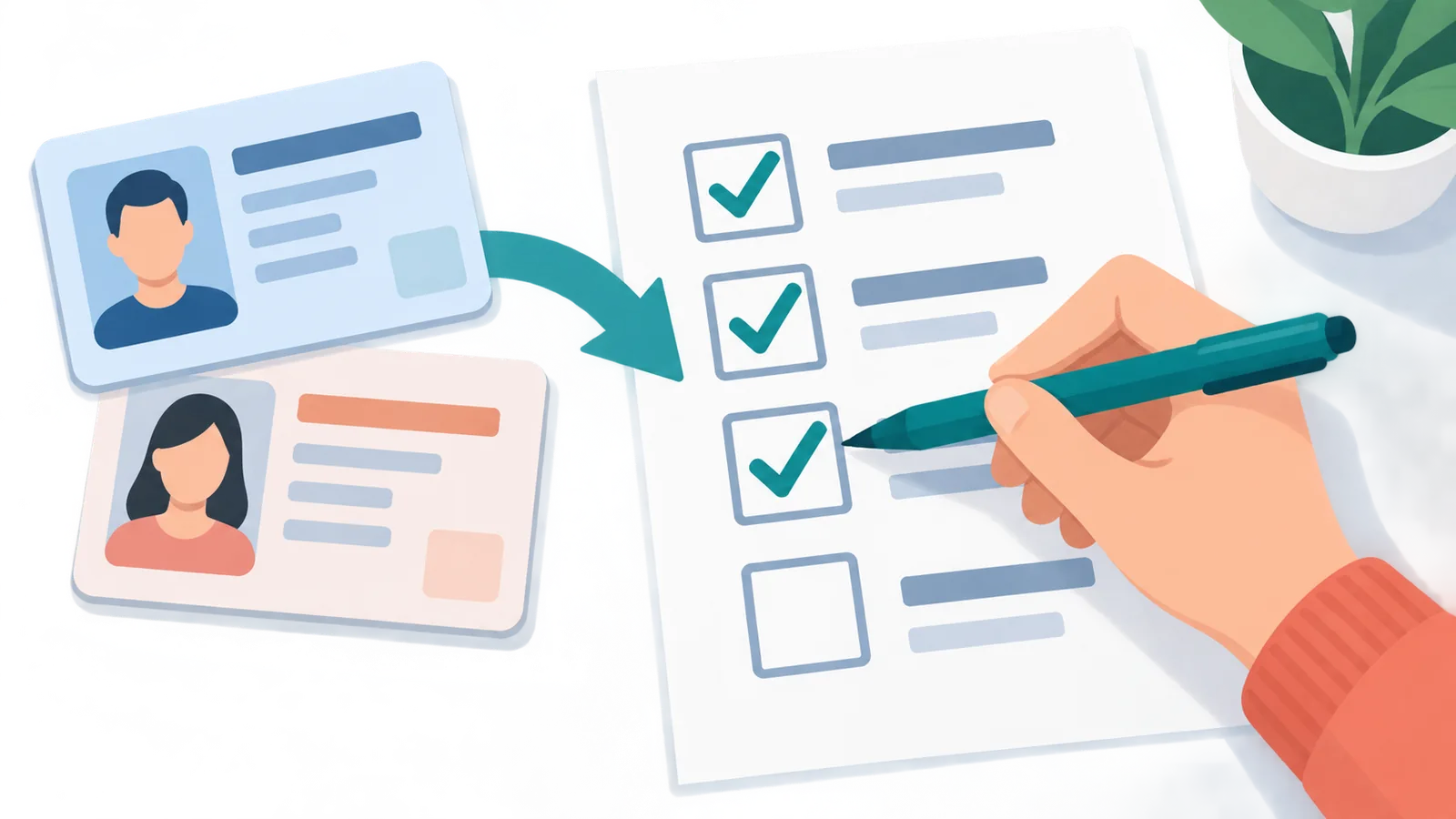 Hand hakt Punkte auf einer gedruckten Checkliste ab