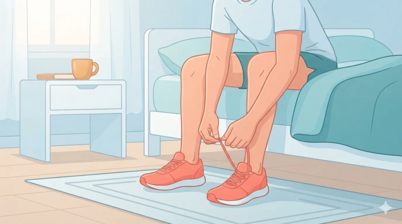 Person schnürt frühmorgens die Laufschuhe als kleine Mikro-Gewohnheit