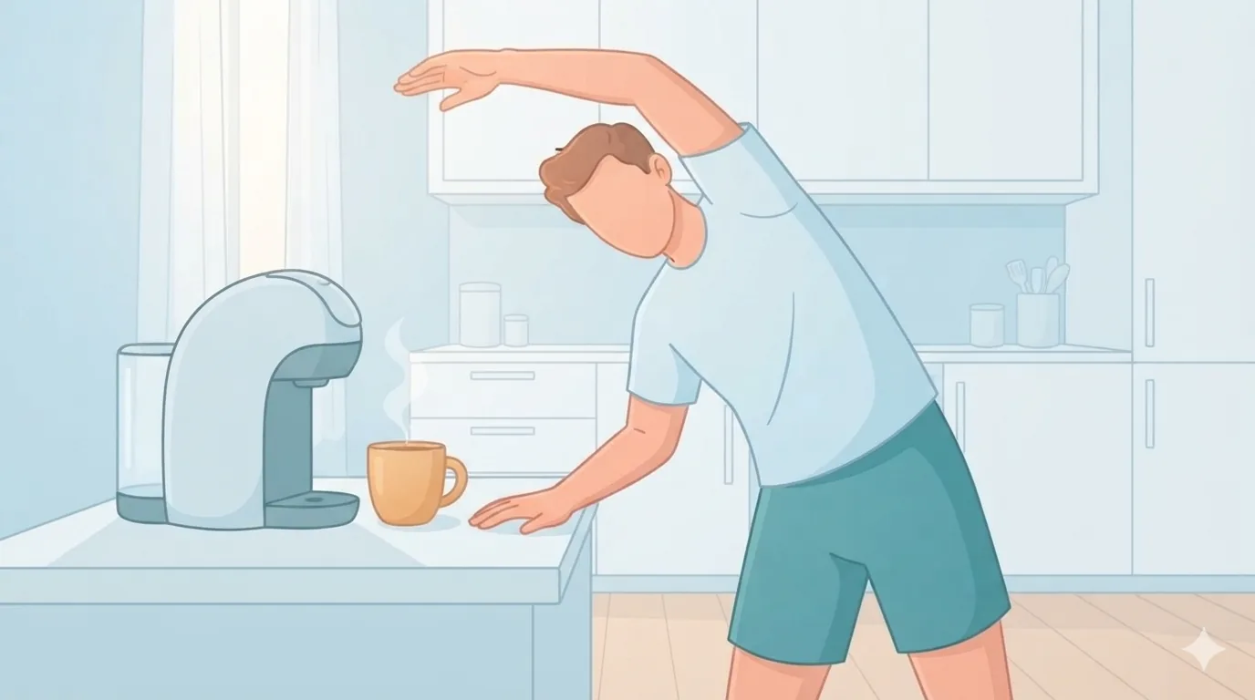 Kurzes Dehnen direkt neben der Kaffeemaschine als Beispiel für Habit Stacking
