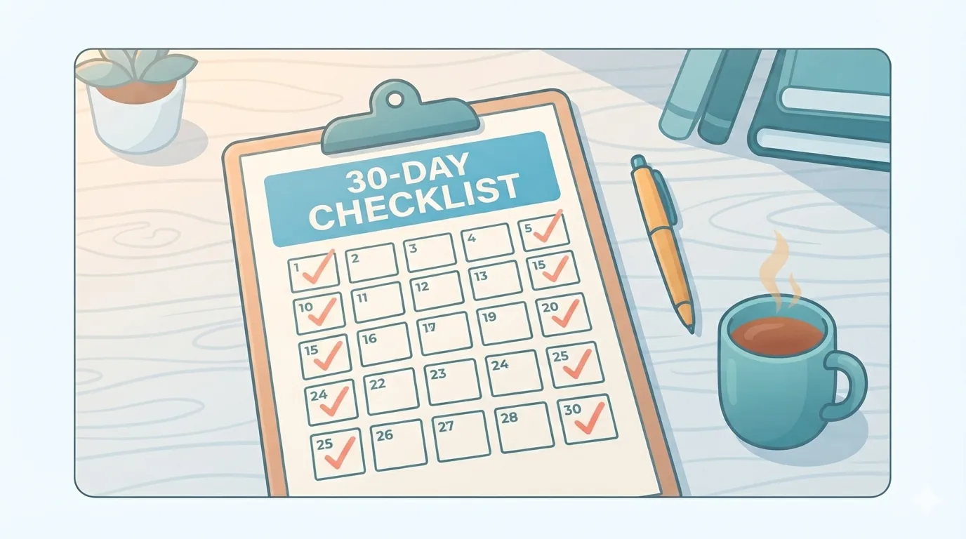 Ausgedruckte 30-Tage-Checkliste liegt griffbereit auf einem Klemmbrett