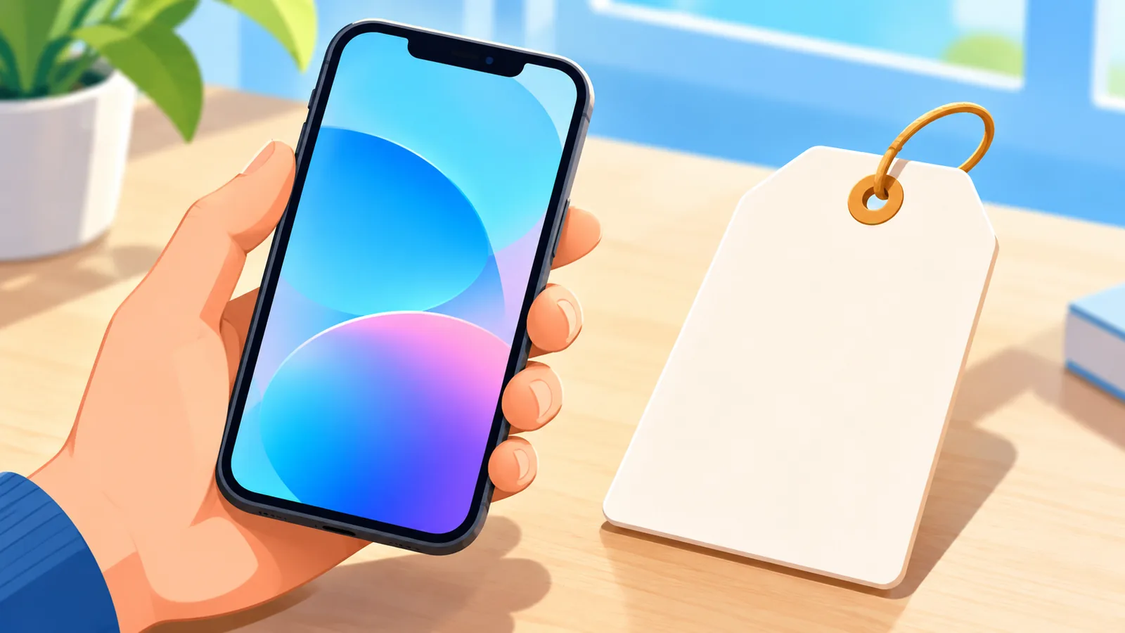 Hand hält ein Smartphone neben einem Preisschild auf einem aufgeräumten Schreibtisch