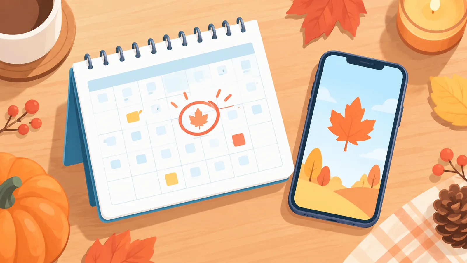 Kalender und Smartphone auf einem Tisch mit herbstlicher Dekoration