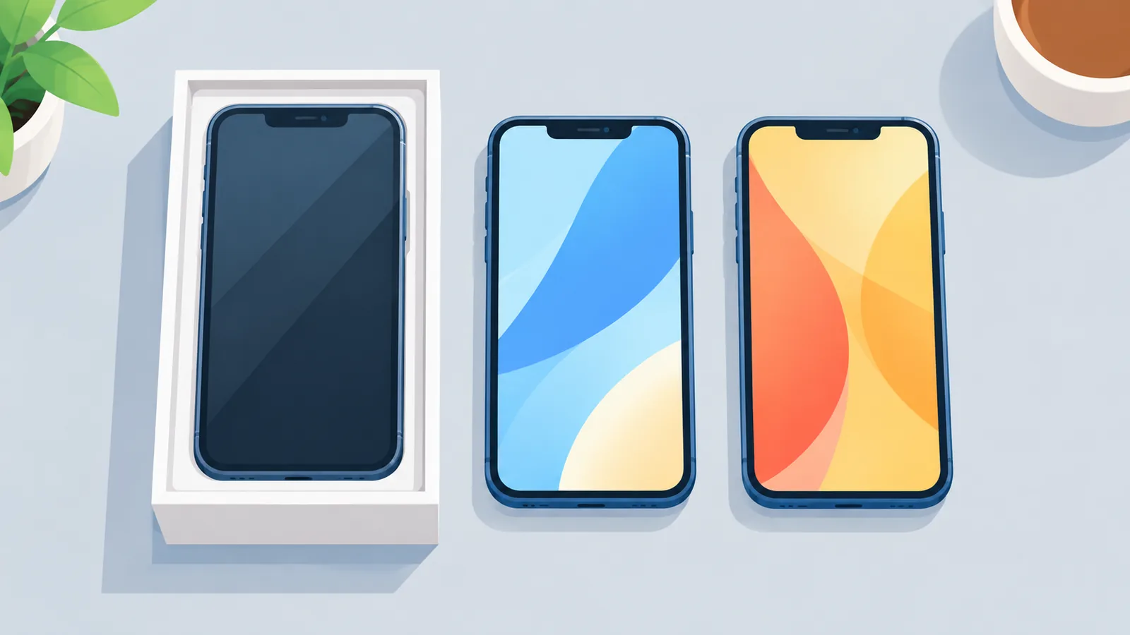 Drei Smartphones nebeneinander, eines verpackt und zwei ausgepackt