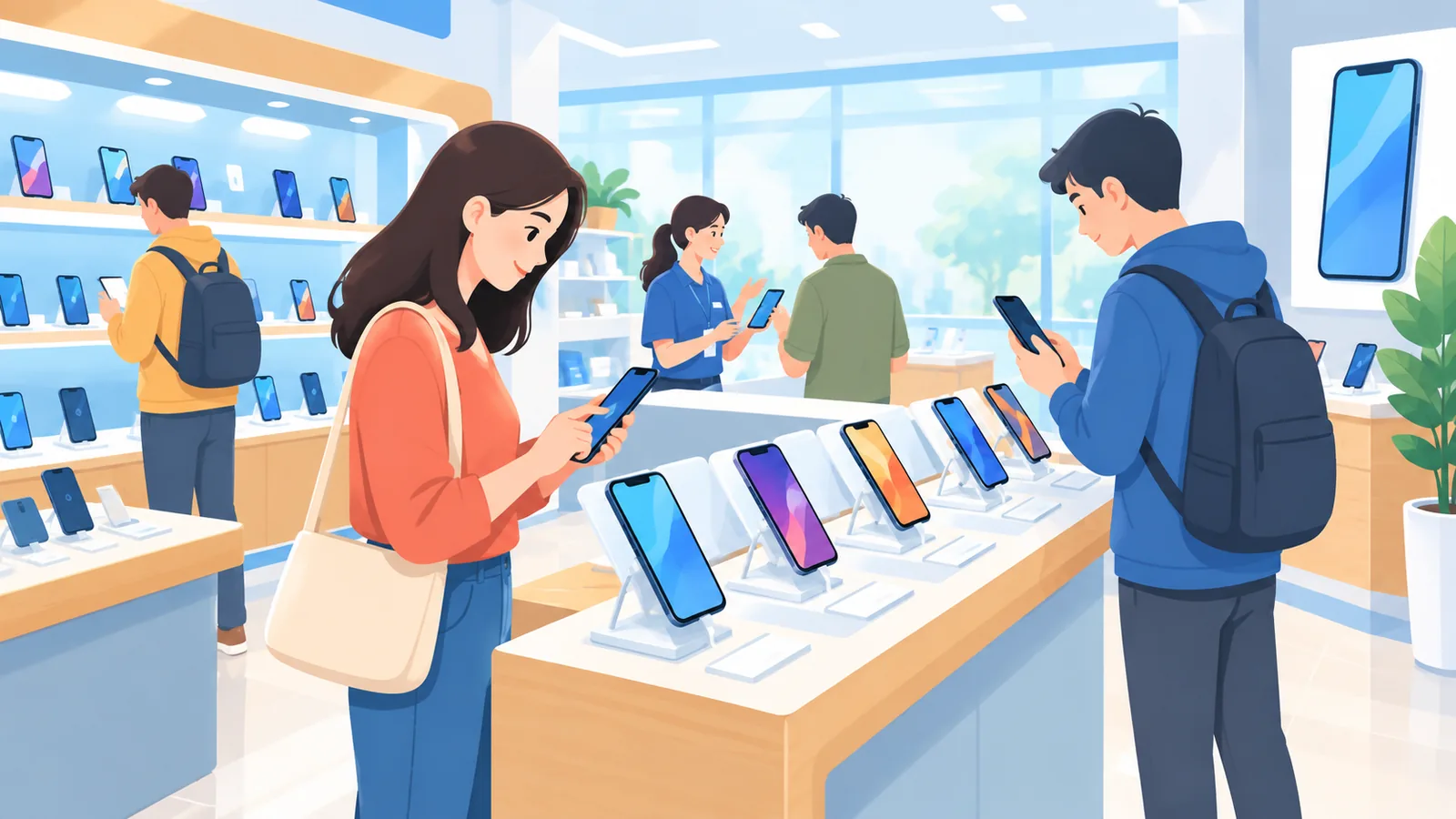 Elektronikmarkt mit Smartphone-Regal und stöbernden Kunden