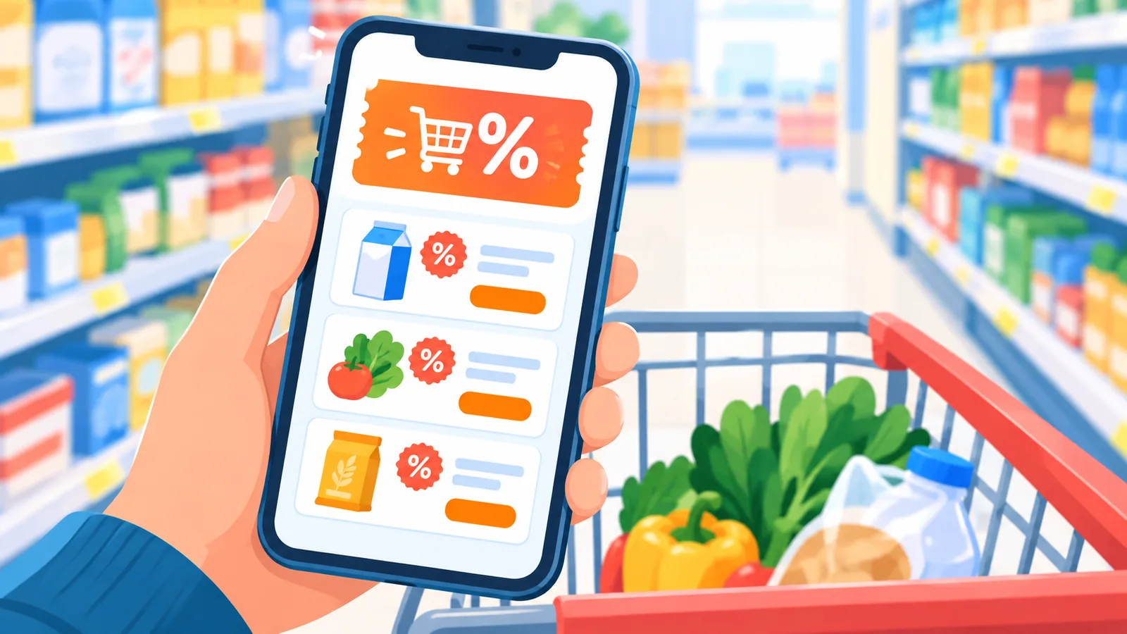 Smartphone mit Coupon-App über einem Einkaufswagen im Supermarkt