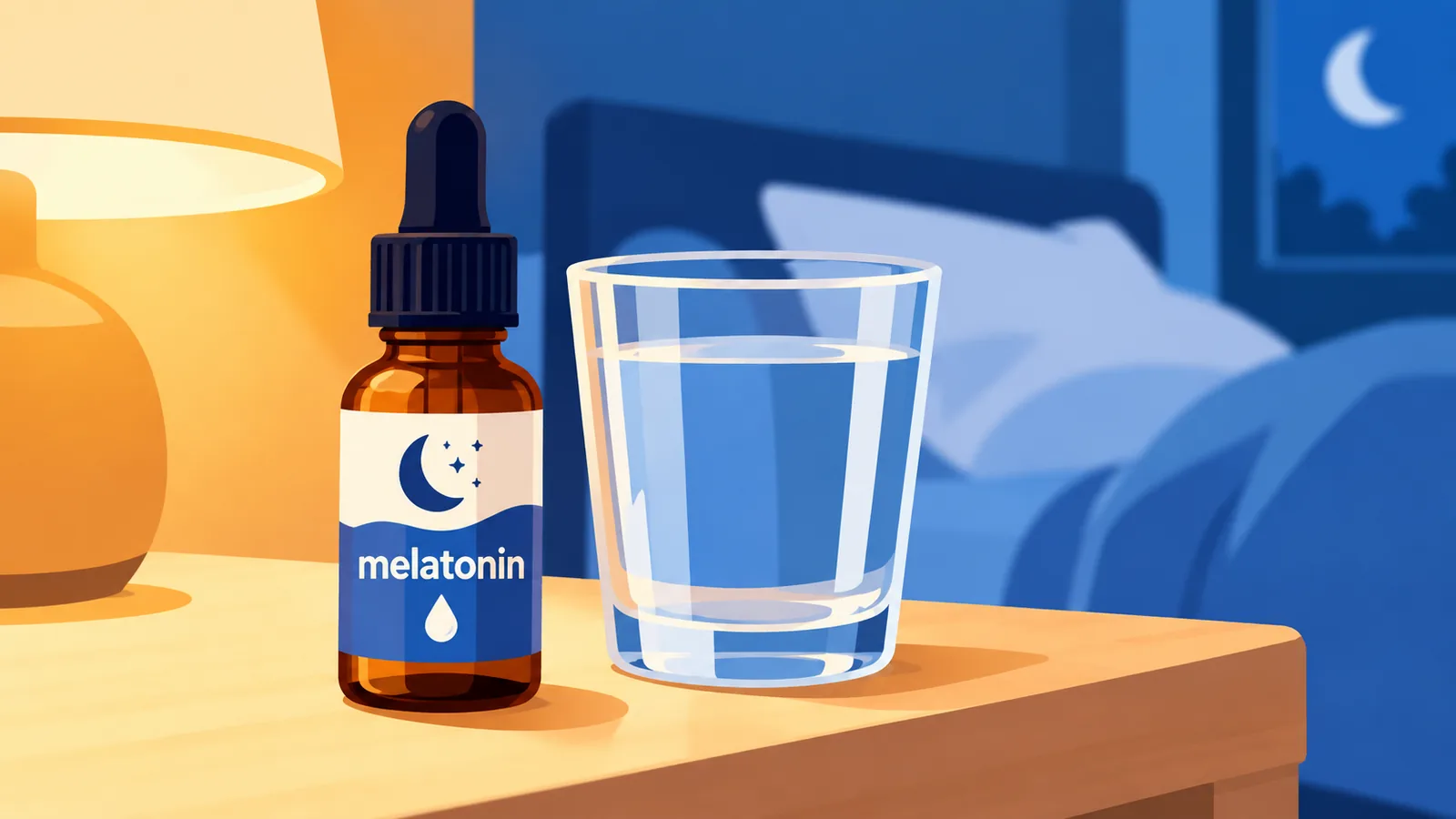 Melatonin Präparat auf einem Nachttisch am Abend