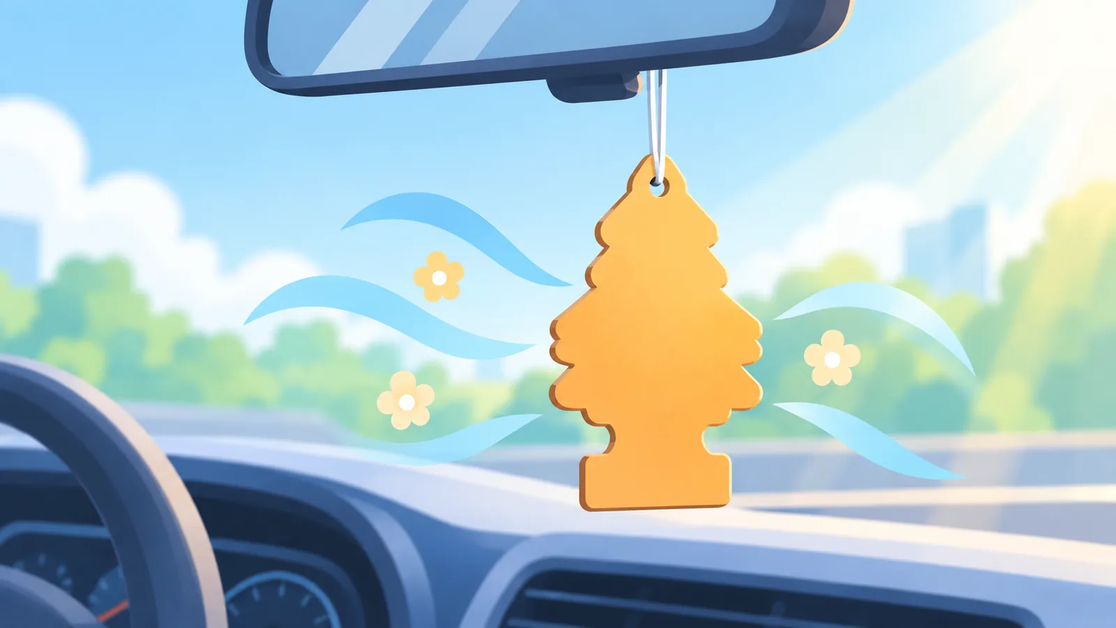 Cardboard air freshener hanging from a rearview mirror