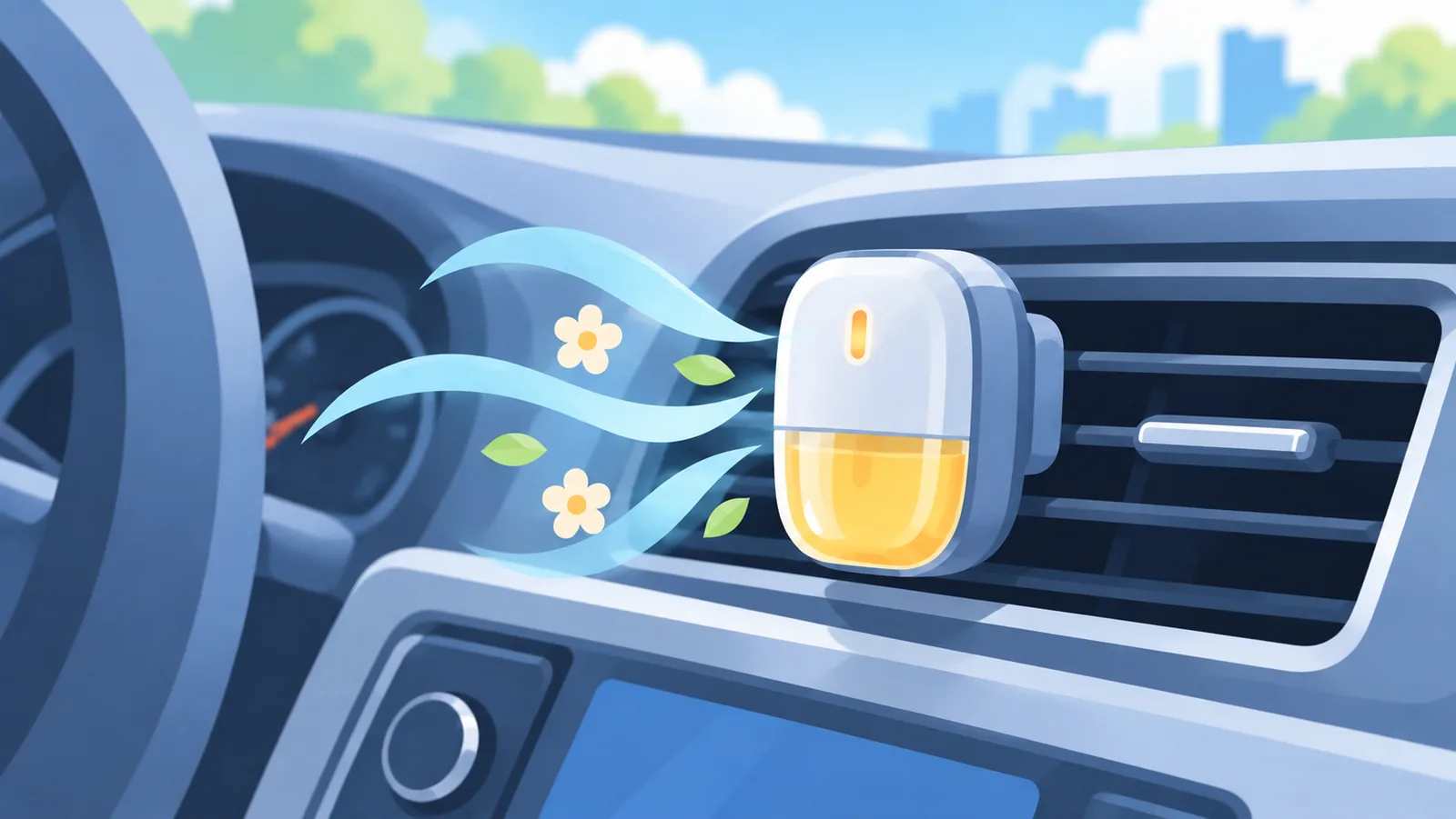 Battery-powered diffuser air freshener on a car vent