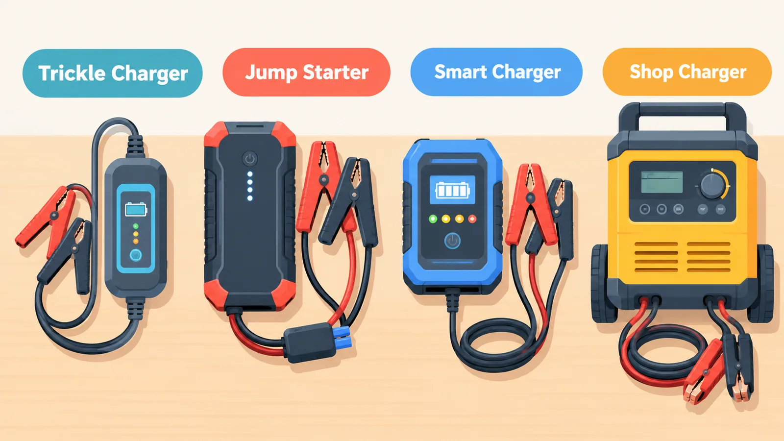 Four types of car battery chargers arranged on a workbench