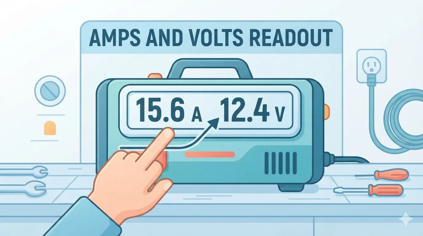Hand checking amperage display on a battery charger