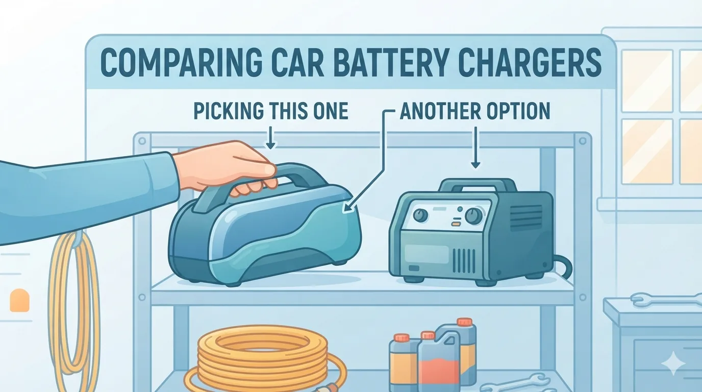 Person comparing car battery chargers on a garage shelf