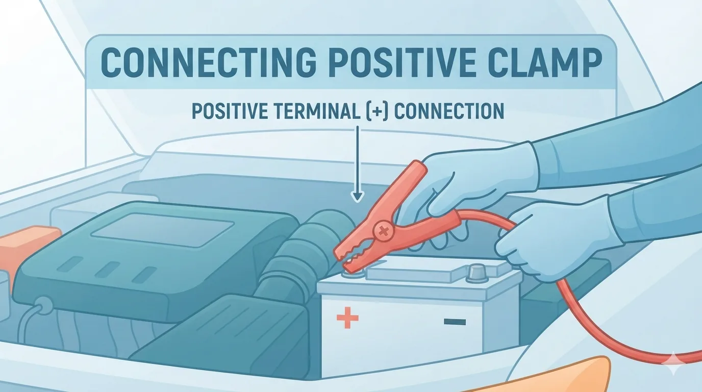 Connecting a charger clamp to a car battery terminal