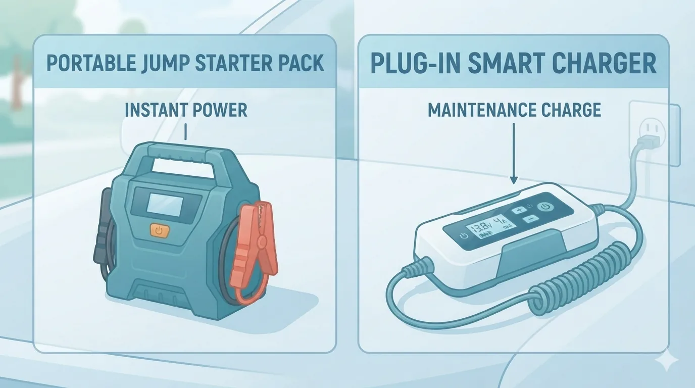 Jump starter and smart charger placed side by side on a car hood