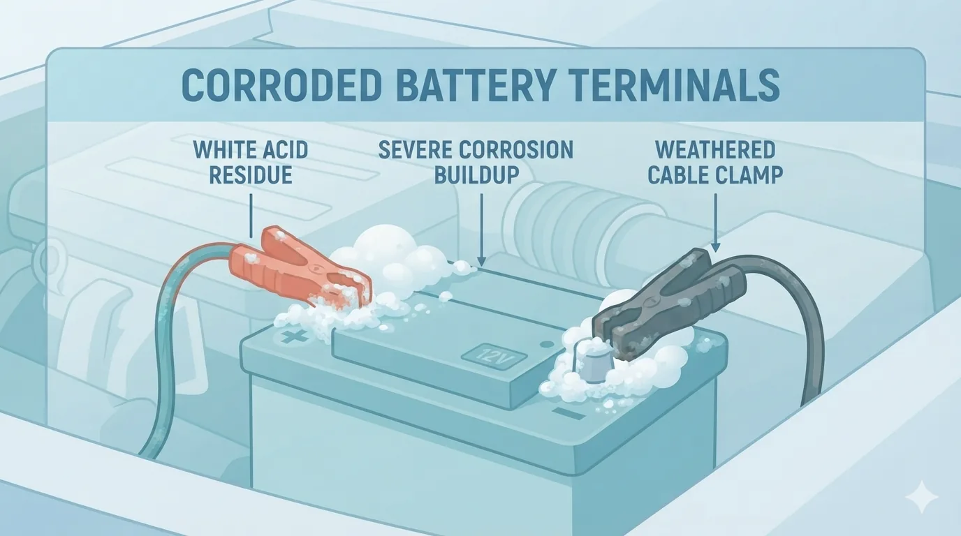 Corroded car battery terminals needing cleaning