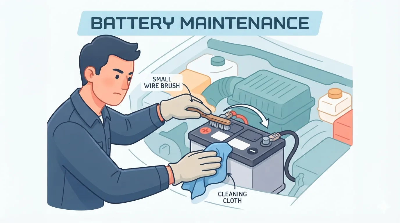 Cleaning car battery terminals with a wire brush