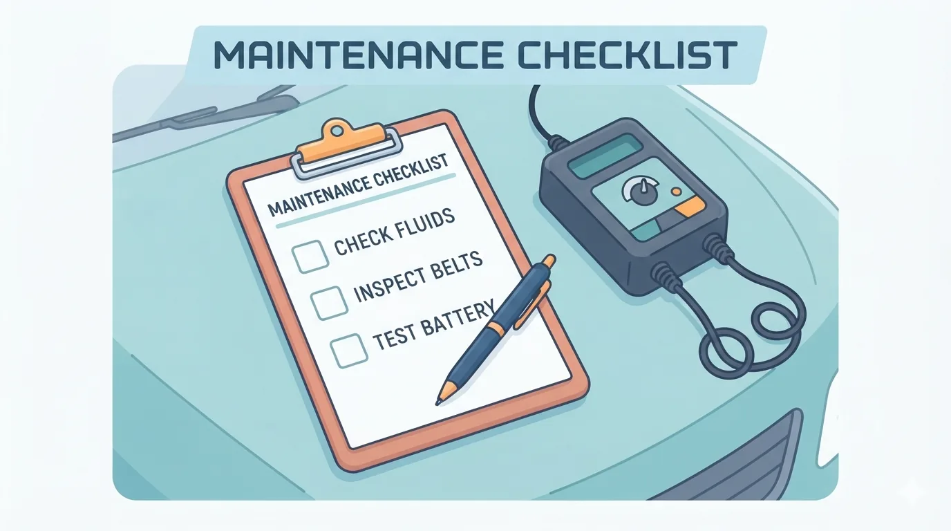 Buying checklist clipboard next to a car battery charger