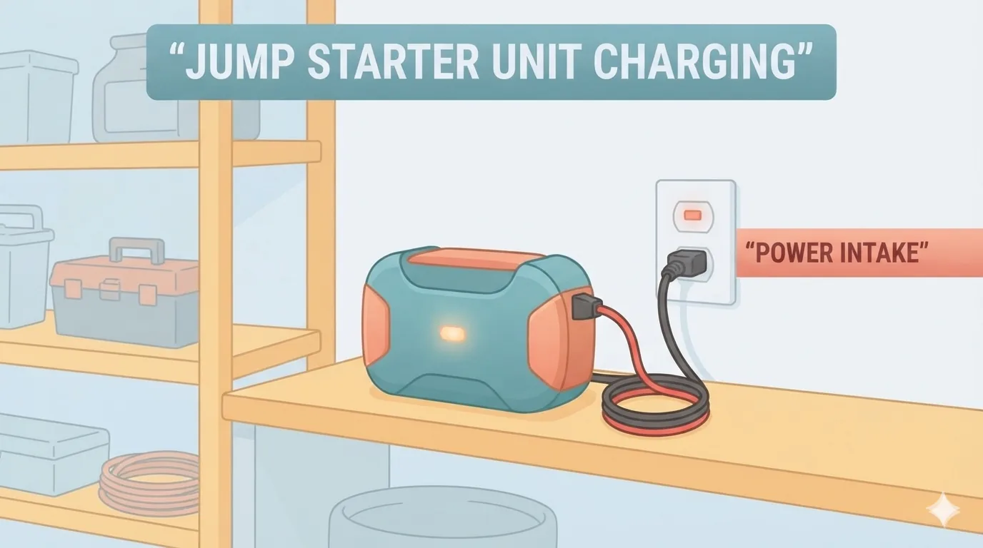 Jump starter charging on a garage shelf