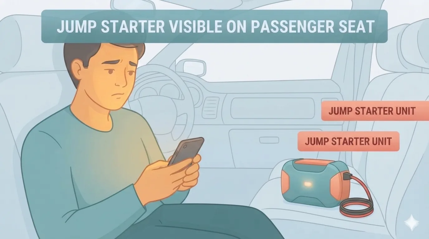 Driver checking jump starter FAQ information on phone