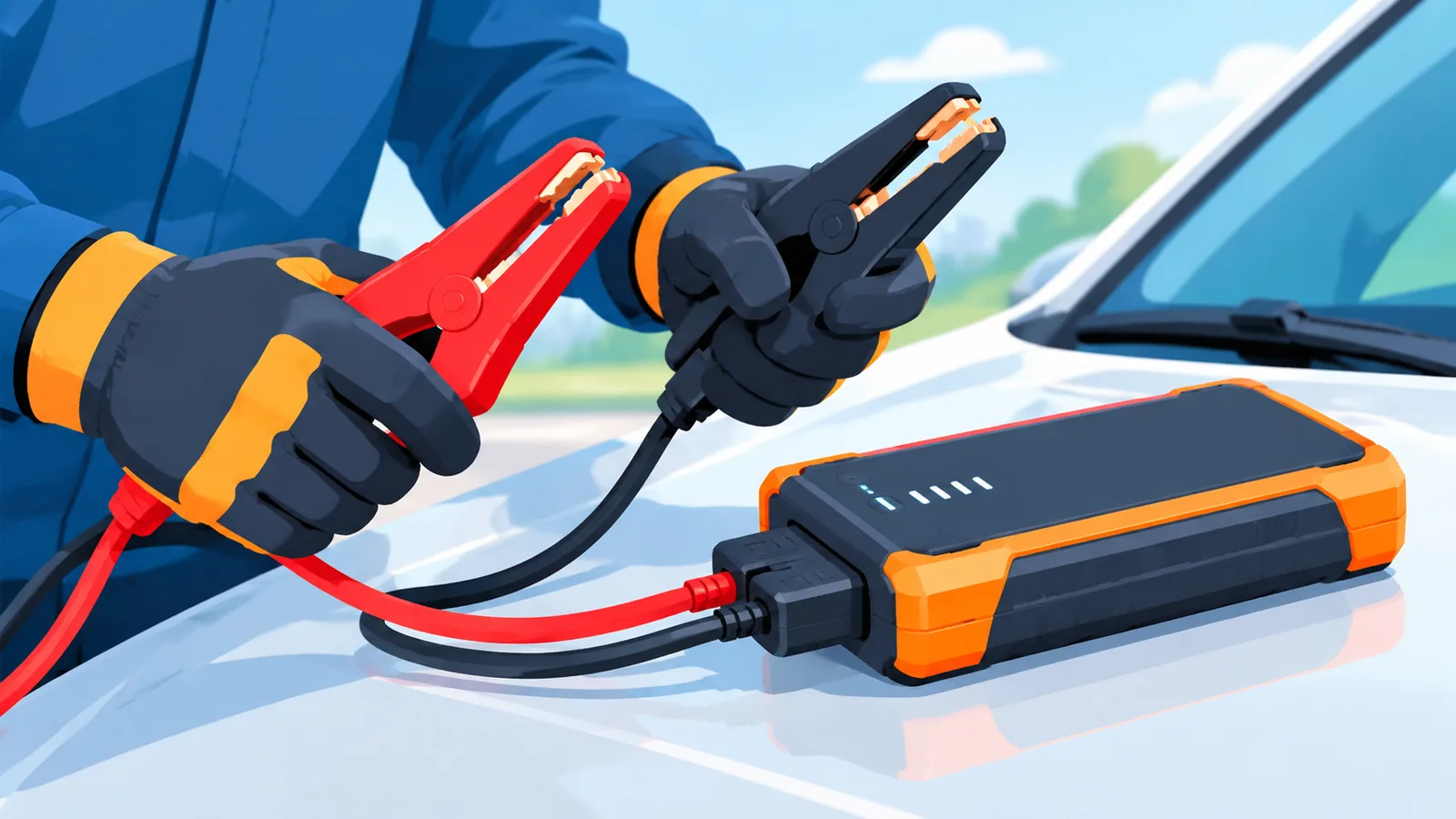 Jumper cables and portable jump starter laid out on a car hood
