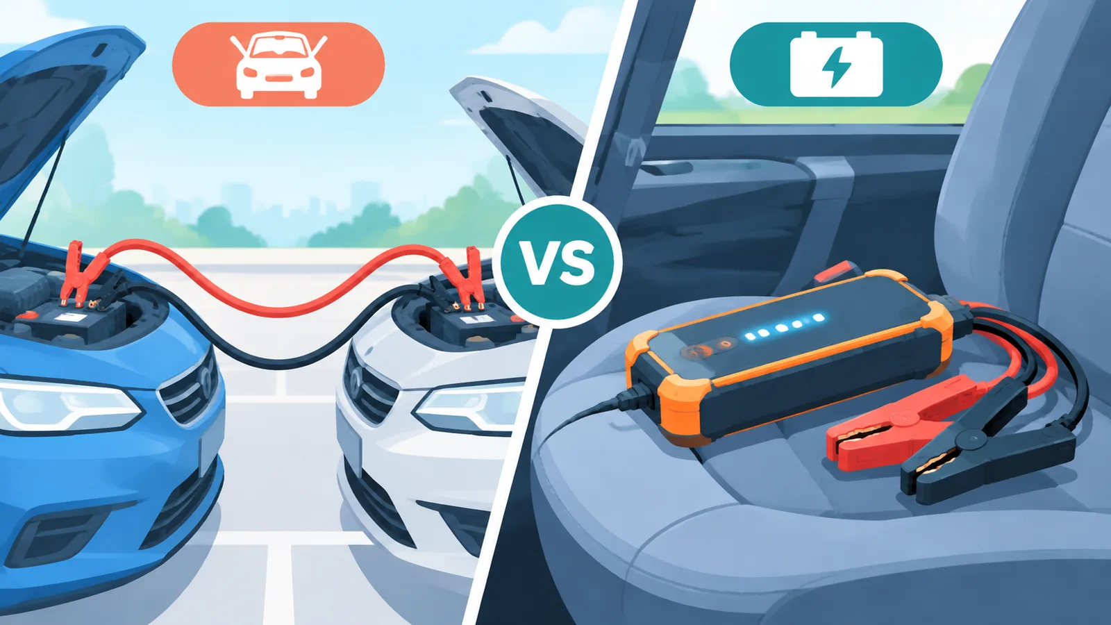 Comparison of jumper cables and a portable jump starter device