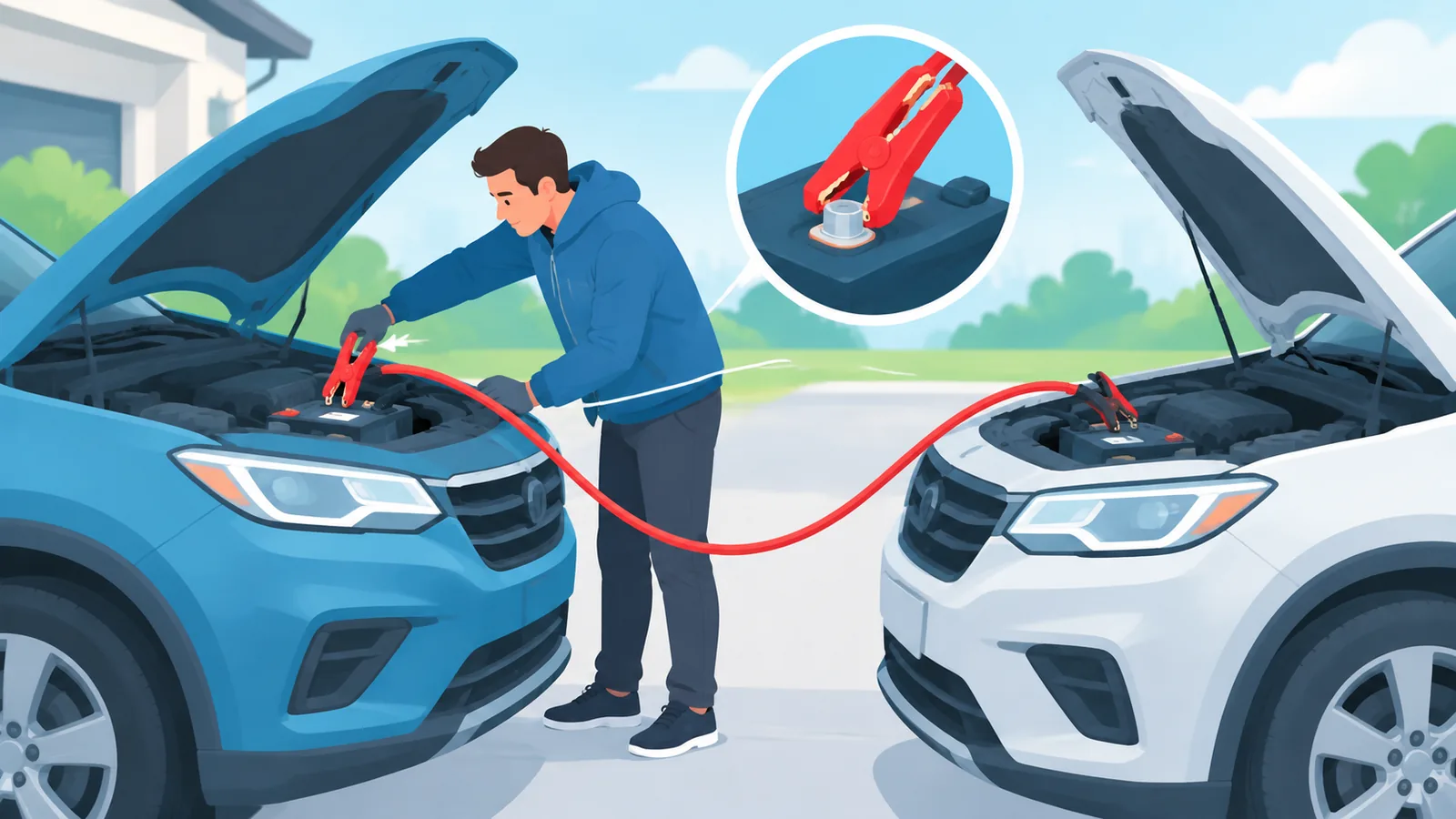 Connecting jumper cables between two parked cars