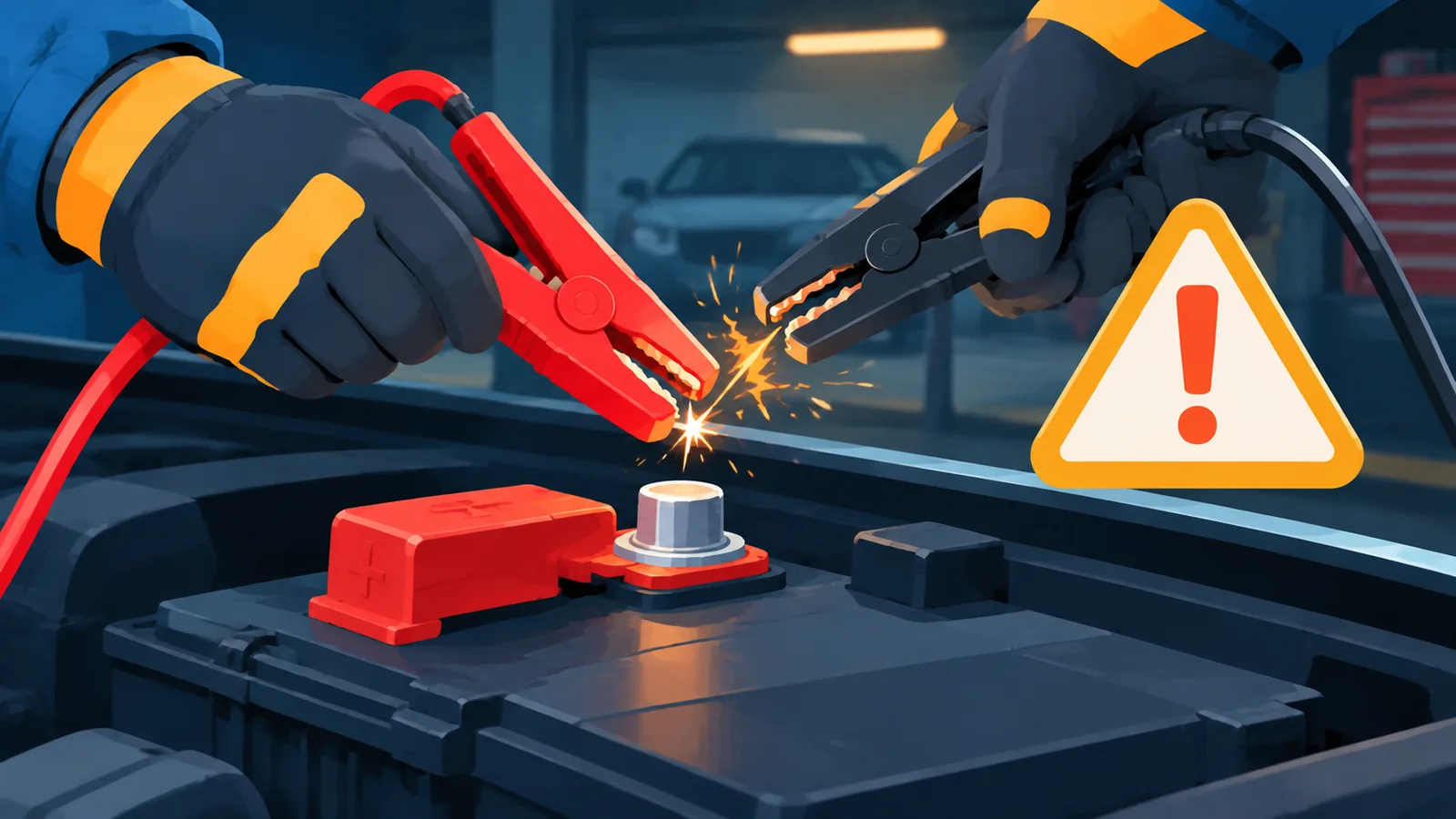 Spark near jumper cable clamps on a car battery