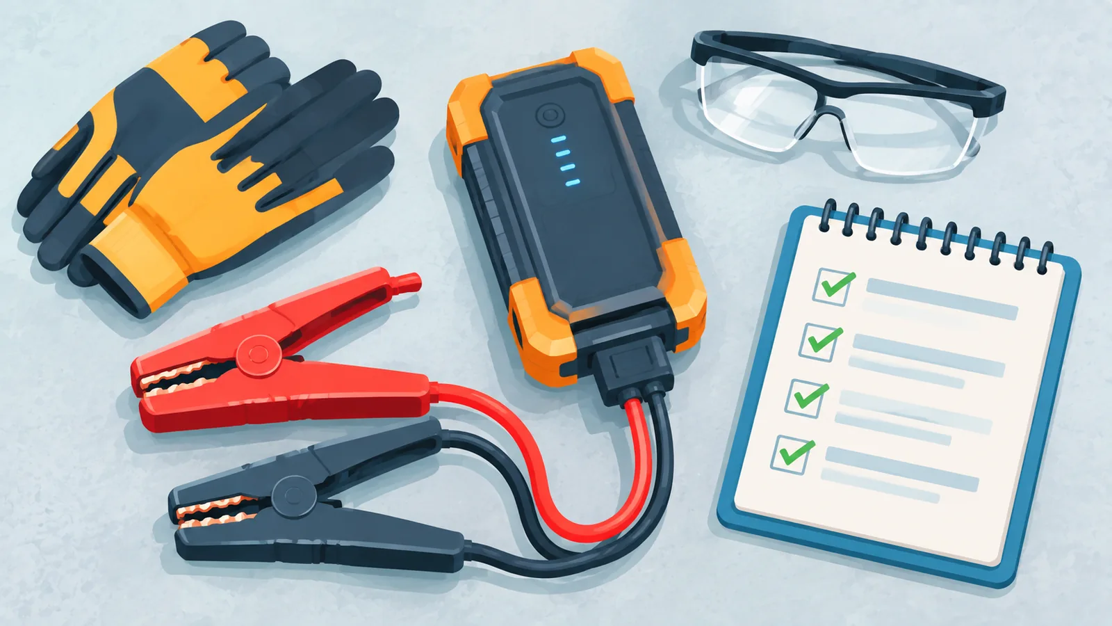 Flat lay of jump-starting safety equipment and checklist