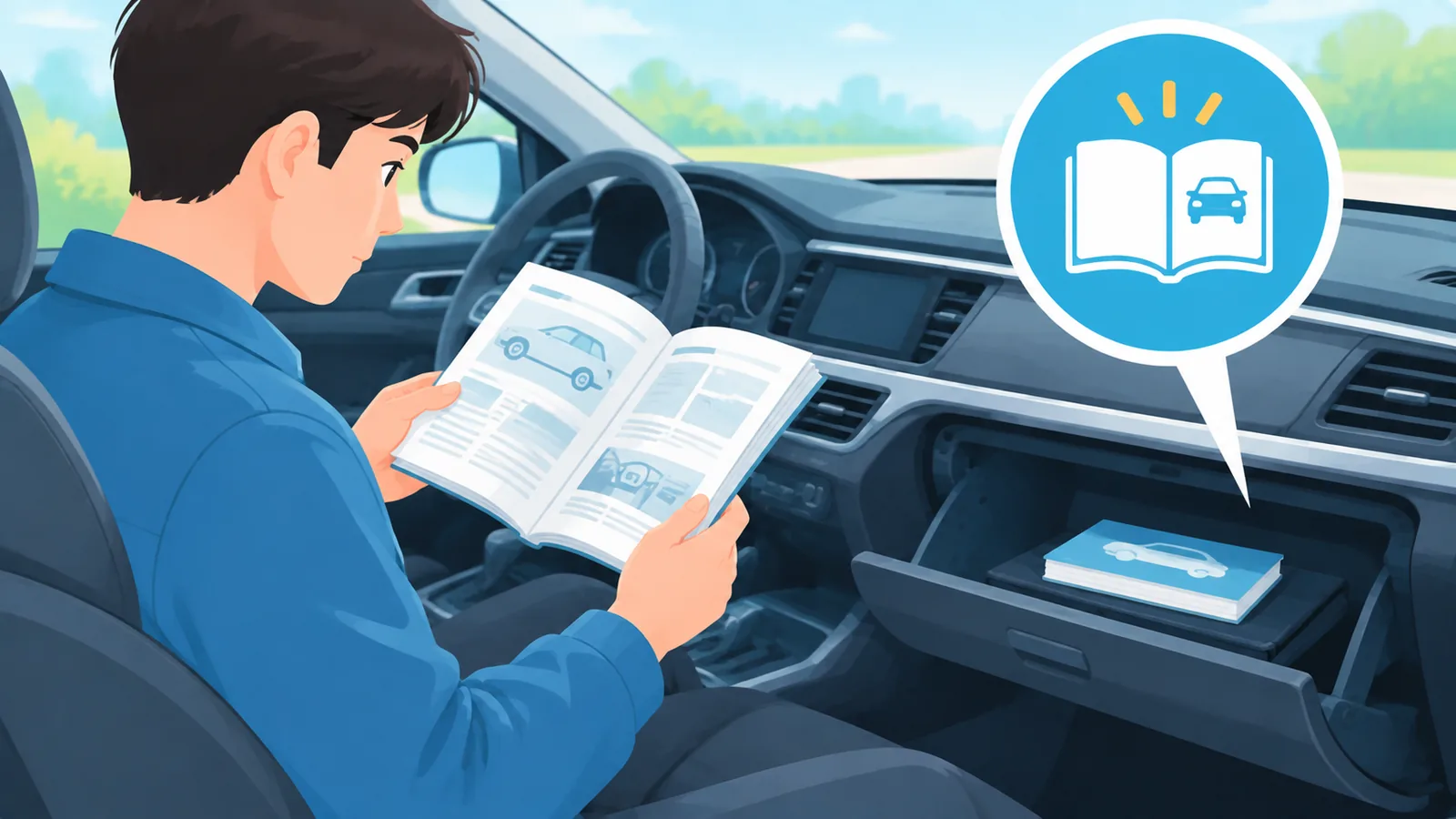 Person checking an owner's manual inside a car