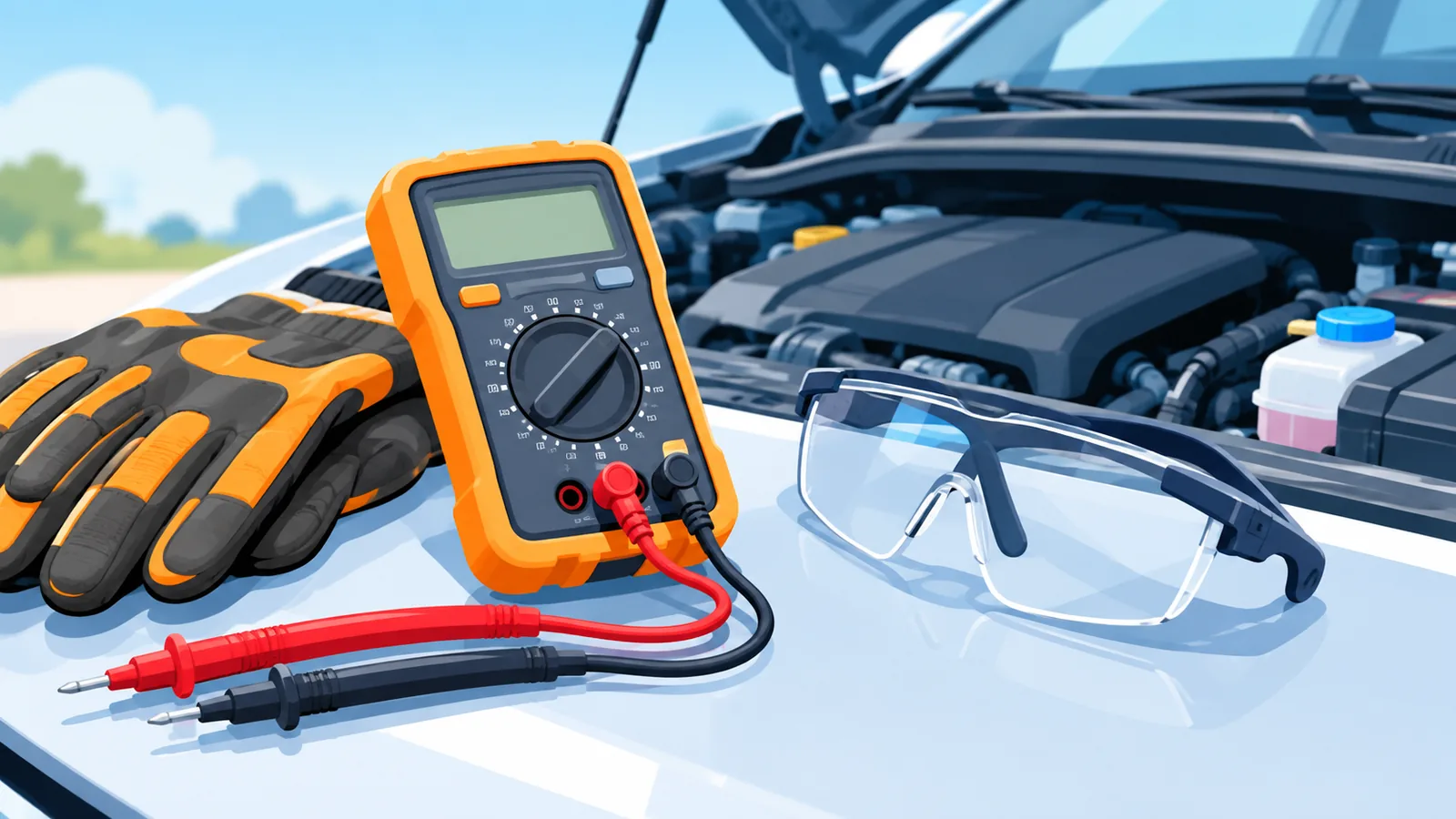 Multimeter and safety gear ready for a car battery test
