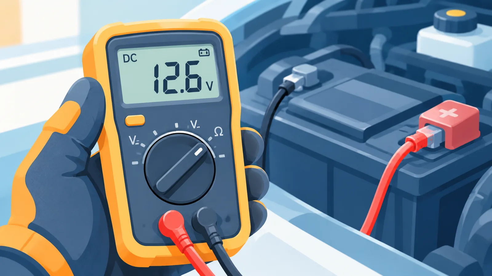Multimeter showing a healthy resting voltage reading