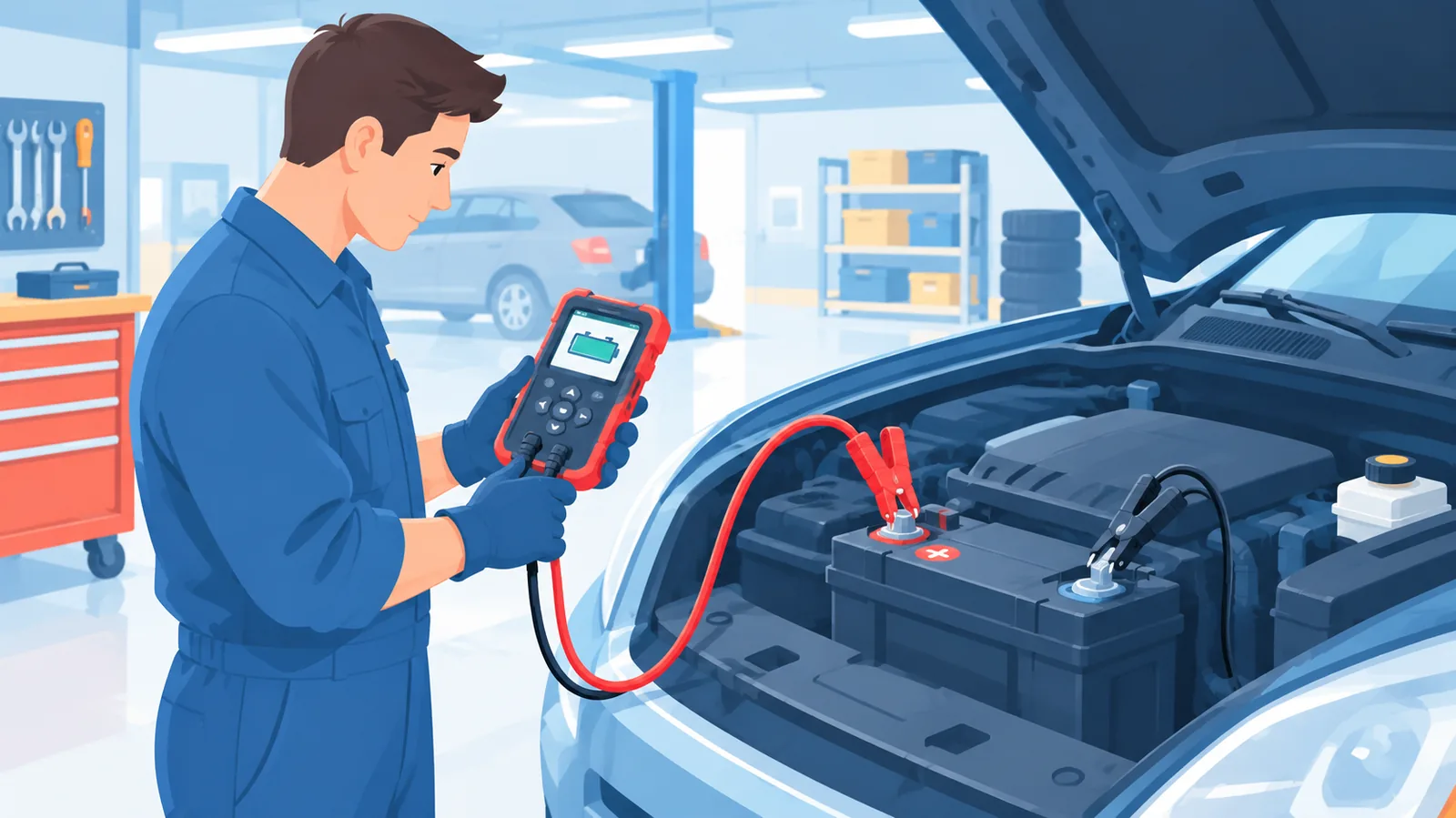 Mechanic performing a professional battery load test