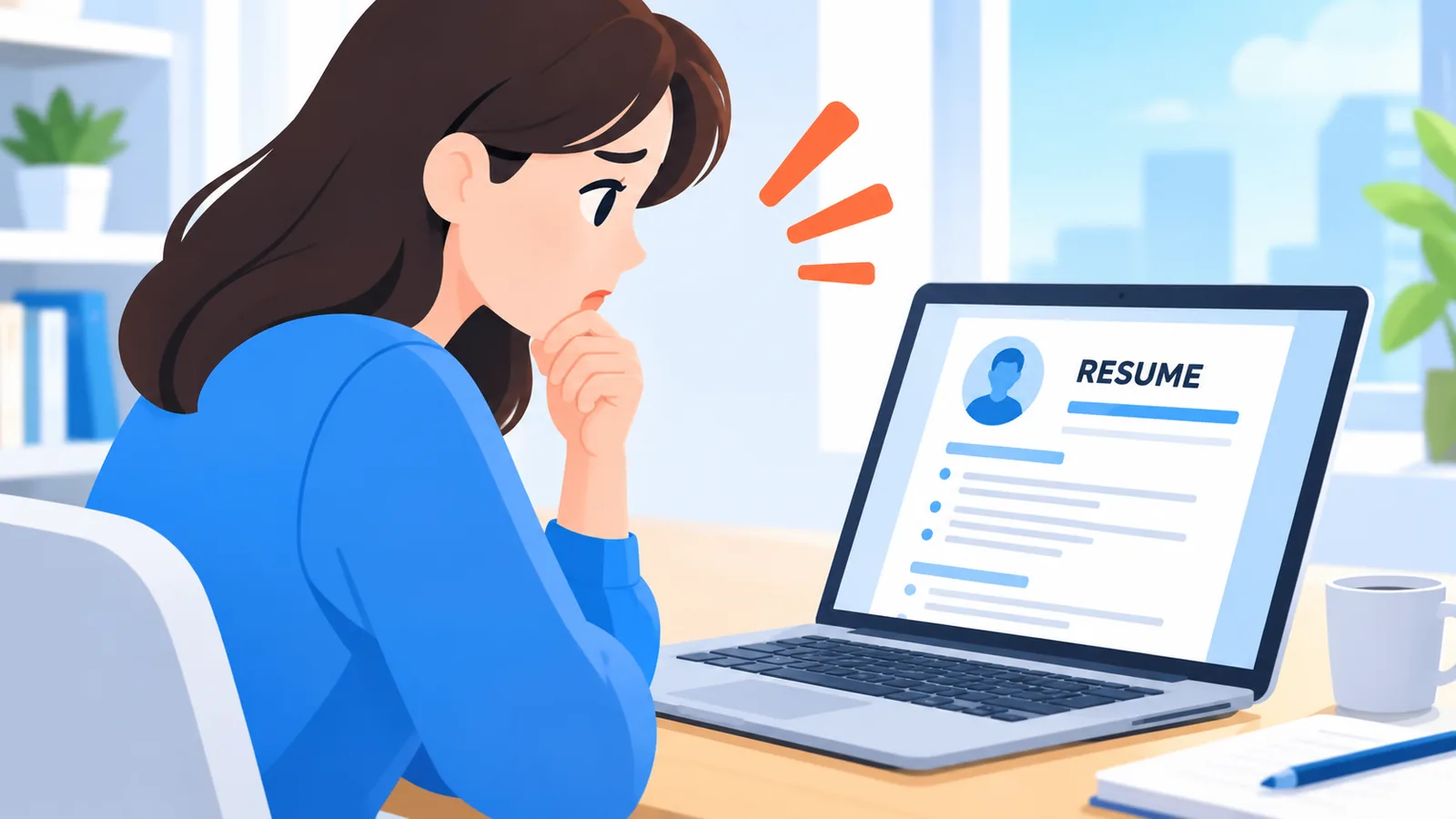 Job seeker reviewing a resume on a laptop