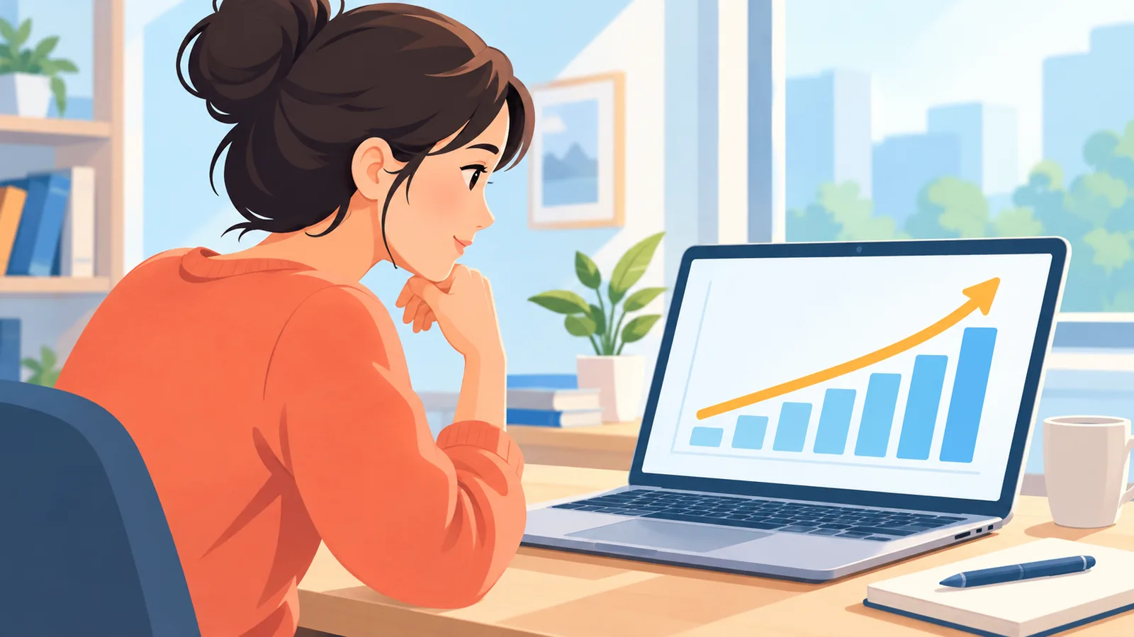 Job seeker reviewing a career growth chart on a laptop