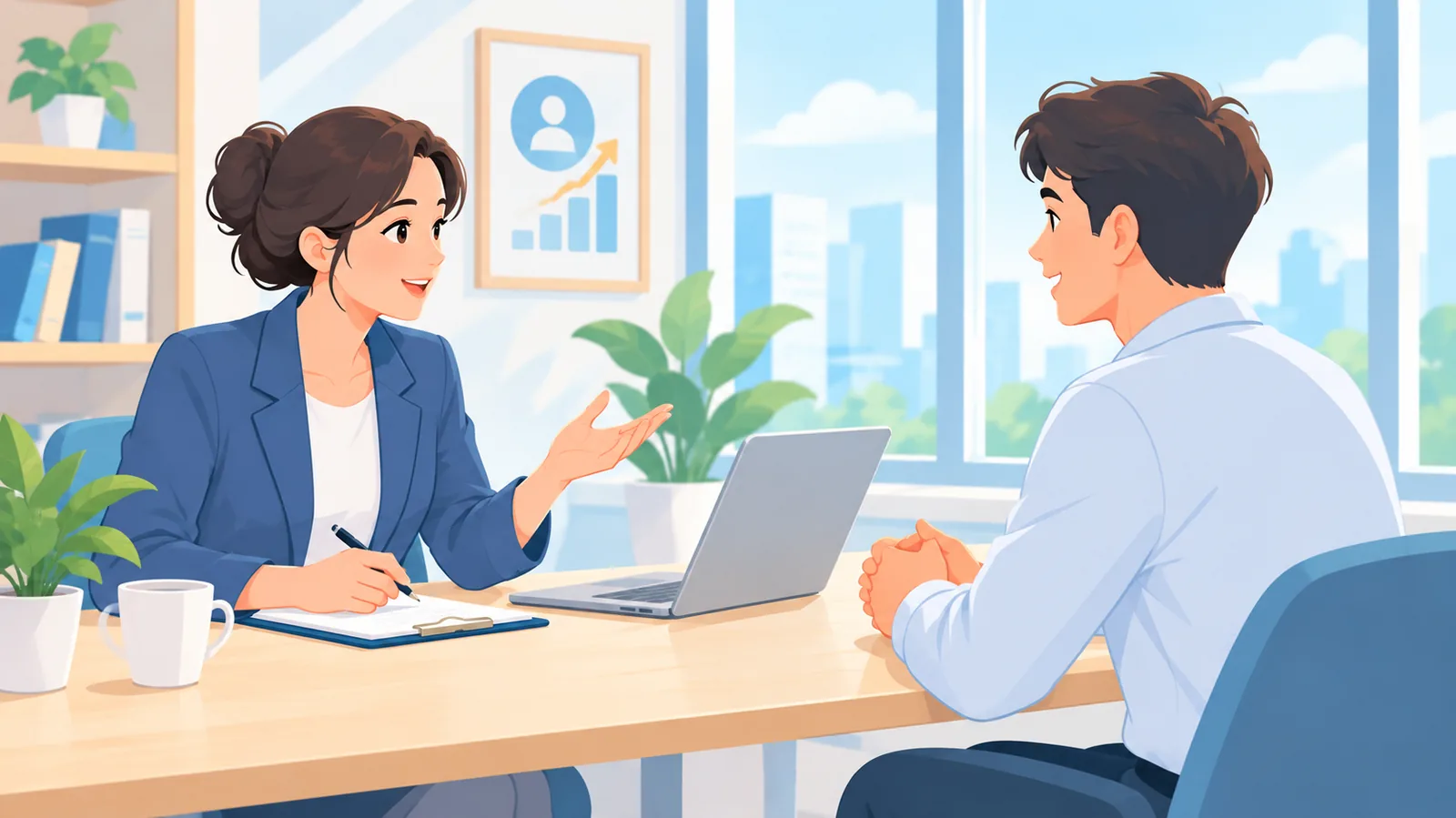 Two professionals in a calm conversation across a table