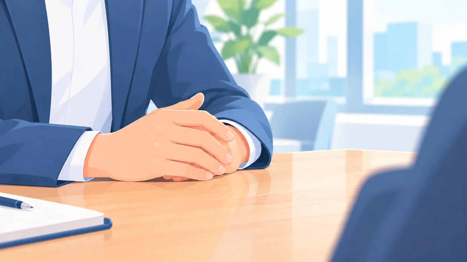Hands resting calmly on a table during a negotiation pause