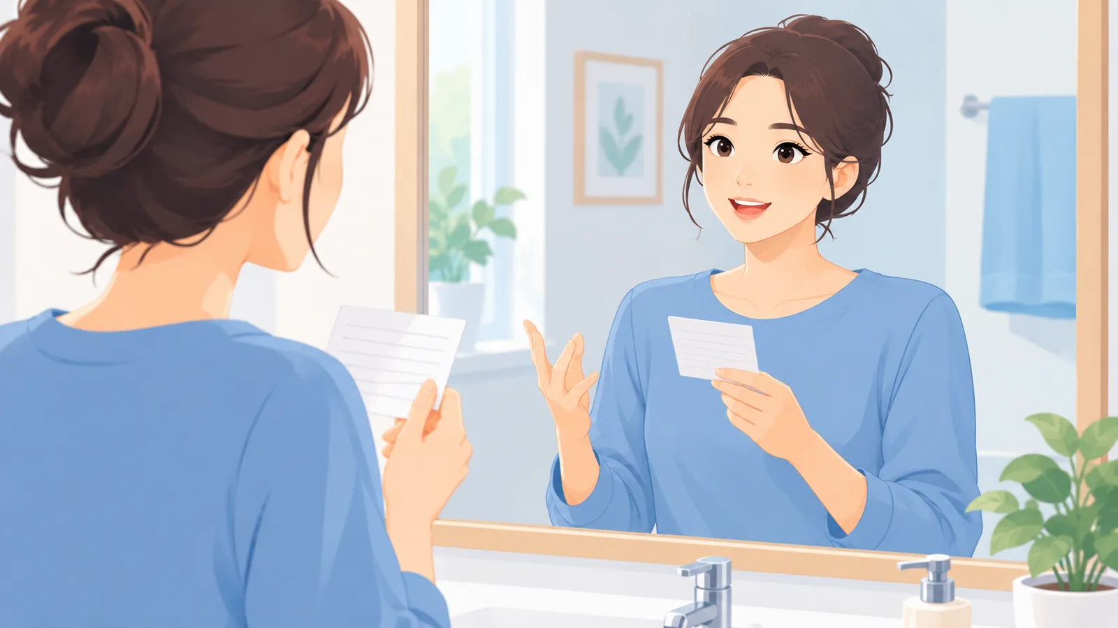Person practicing talking points in front of a mirror