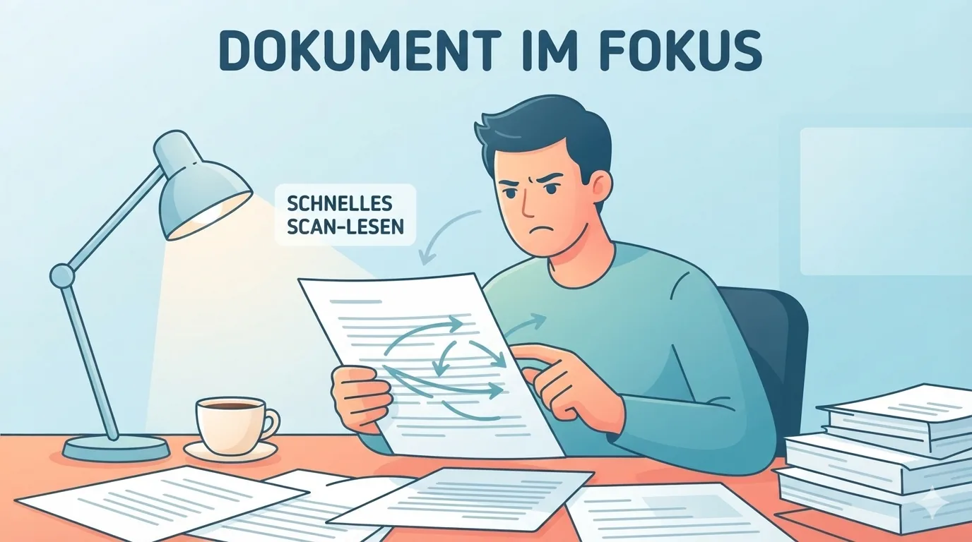 Person looking uncertain while reviewing a document quickly